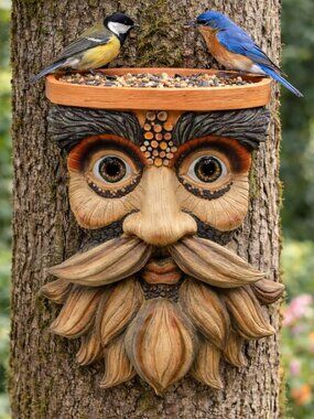 Funny Tree Face Outdoor Decor - Weatherproof Bird Feeder Sculpture with Hooks